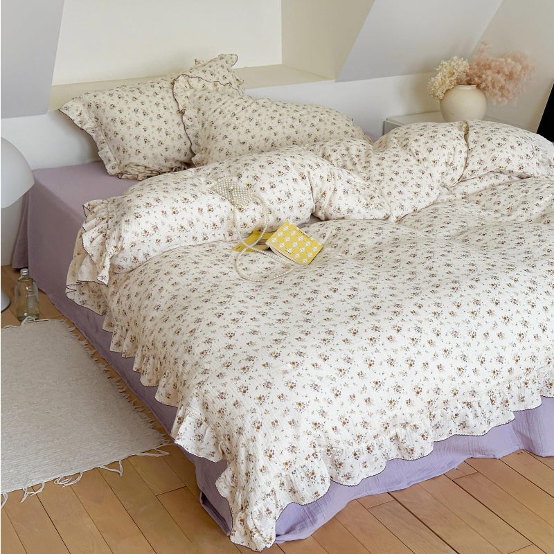 BuLuTu Muslin Cotton Kids Duvet Cover Twin Size  68""x86""  Shabby Chic Crape Flower Design Girls Quilt Cover Vintage Princess Style Bedding Ruffled Comforter Cover Floral Print  No Pillowcase - Image 4